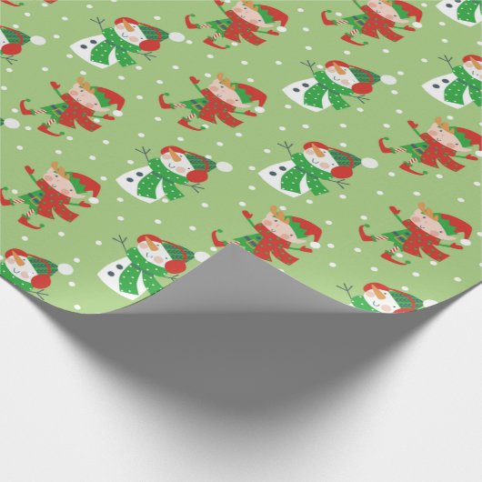 Niedliches Weihnachtsschneemann und Elfenwackelpap Geschenkpapier (Ecke)