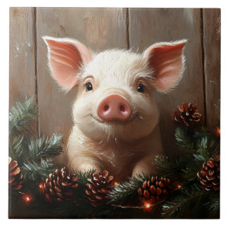 Niedliches Weihnachtsschwein Rustikales Gemälde Fliese