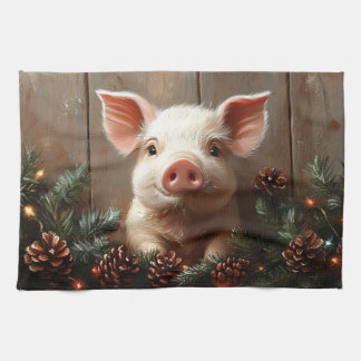 Niedliches Weihnachtsschwein Rustikales Gemälde Geschirrtuch
