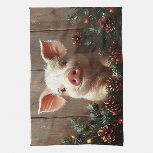 Niedliches Weihnachtsschwein Rustikales Gemälde Geschirrtuch (Vertikal)