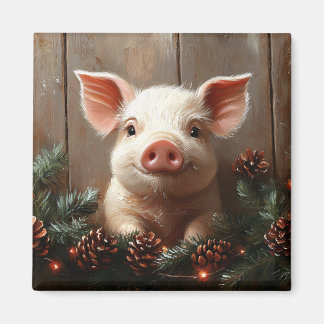 Niedliches Weihnachtsschwein Rustikales Gemälde Magnet