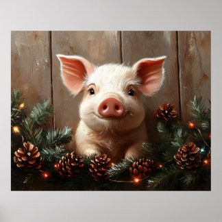 Niedliches Weihnachtsschwein Rustikales Gemälde Poster