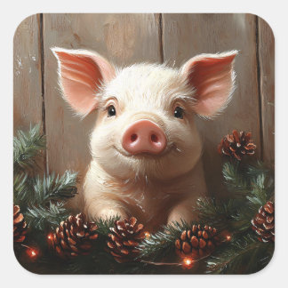 Niedliches Weihnachtsschwein Rustikales Gemälde Quadratischer Aufkleber