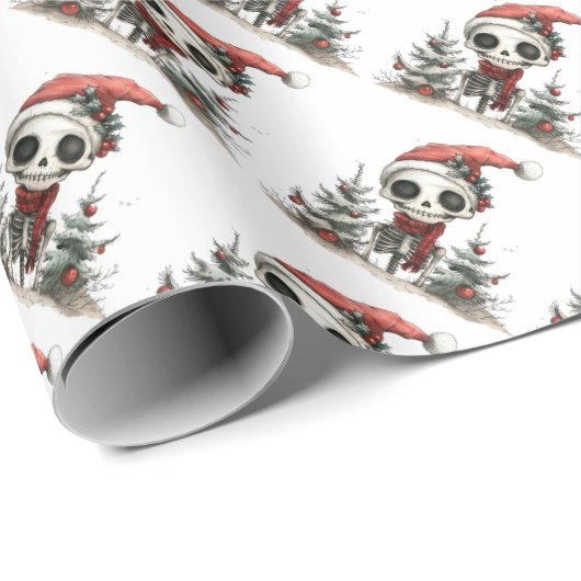 Niedliches Weihnachtsskelett mit Weihnachtsbäumen Geschenkpapier (Rolleneckpunkt)