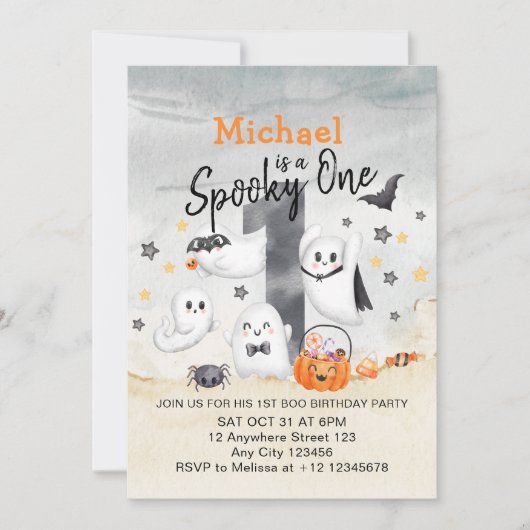 Niedliches Weiß-Graue Spooky Ein erster Boo Geburt Einladung (Vorderseite)