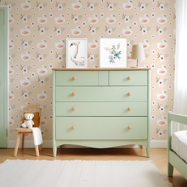 Niedliches Weiße Schwäne Blumenblütenmuster Tapete (Cute White Swans Floral Blossom Nursary Pattern Wallpaper)