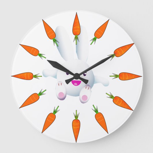 Niedliches Weißes Bunny & Carrots Große Wanduhr (Vorderseite)