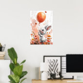 Niedliches Weißes Bunny mit Orange Balloon Digital Poster (Heimbüro)