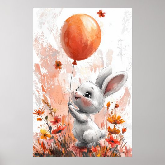 Niedliches Weißes Bunny mit Orange Balloon Digital Poster (Vorne)