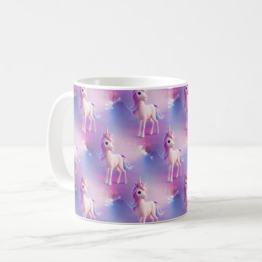 Niedliches weißes Einhorn mit rosa-blauem Mane-Mus Kaffeetasse (Vorderseite Links)