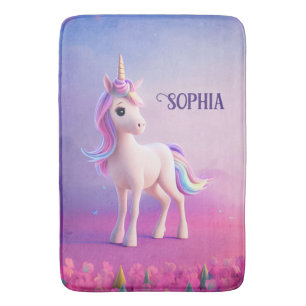 Niedliches weißes Einhorn mit rosa und blauem Mane Badematte