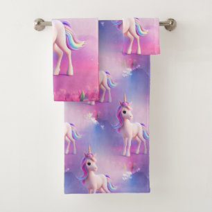 Niedliches weißes Einhorn mit rosa und blauem Mane Badhandtuch Set