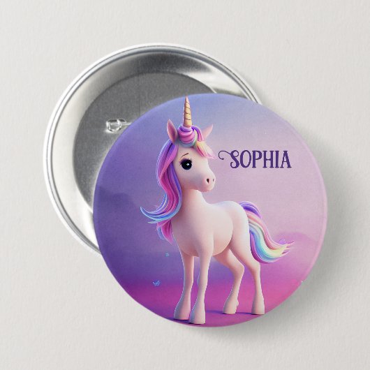 Niedliches weißes Einhorn mit rosa und blauem Mane Button (Vorne & Hinten)