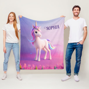 Niedliches weißes Einhorn mit rosa und blauem Mane Fleecedecke