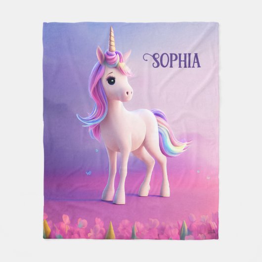 Niedliches weißes Einhorn mit rosa und blauem Mane Fleecedecke (Vorderseite)