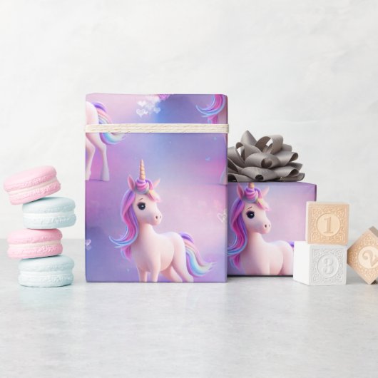 Niedliches weißes Einhorn mit rosa und blauem Mane Geschenkpapier (Babyparty)