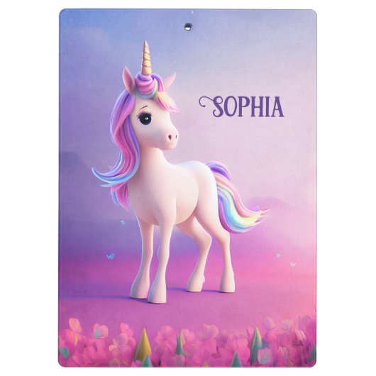 Niedliches weißes Einhorn mit rosa und blauem Mane Klemmbrett (Rückseite)