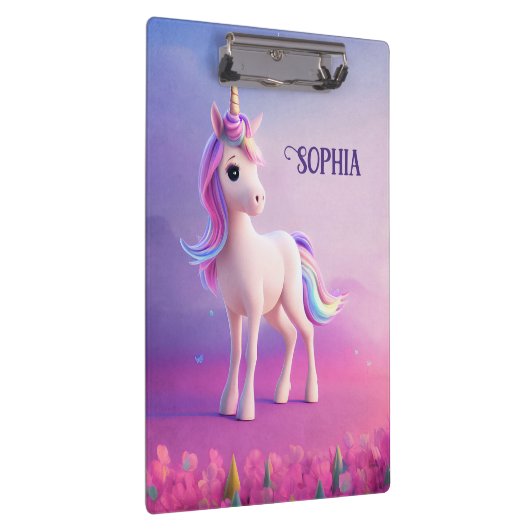 Niedliches weißes Einhorn mit rosa und blauem Mane Klemmbrett (Rechts)