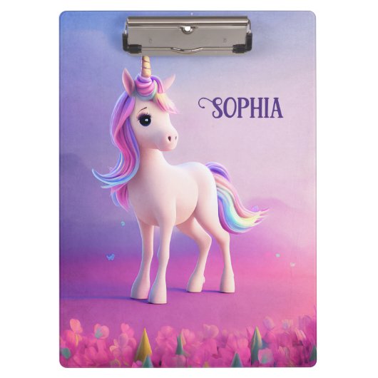 Niedliches weißes Einhorn mit rosa und blauem Mane Klemmbrett (Vorderseite)