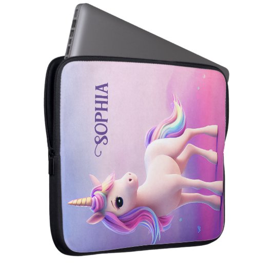 Niedliches weißes Einhorn mit rosa und blauem Mane Laptopschutzhülle (Vorne Rechts)