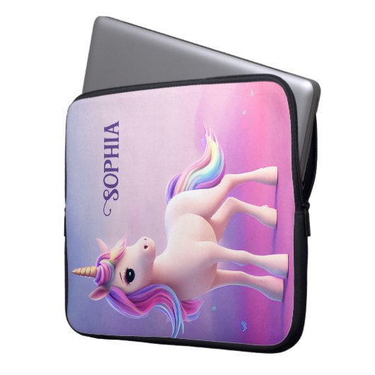 Niedliches weißes Einhorn mit rosa und blauem Mane Laptopschutzhülle (Vorderseite Links)