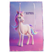 Niedliches weißes Einhorn mit rosa und blauem Mane Mittlere Geschenktüte (Rückseite)