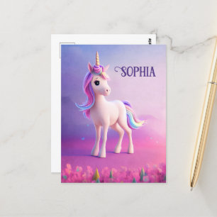 Niedliches weißes Einhorn mit rosa und blauem Mane Postkarte