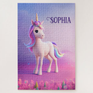 Niedliches weißes Einhorn mit rosa und blauem Mane Puzzle