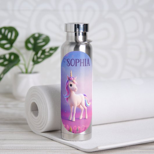 Niedliches weißes Einhorn mit rosa und blauem Mane Trinkflasche (Yoga)