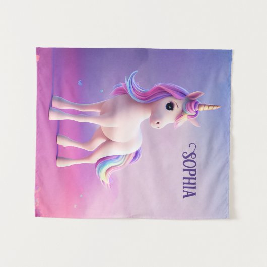 Niedliches weißes Einhorn mit rosa und blauem Mane Wandteppich (Vorderseite (Horizontal))