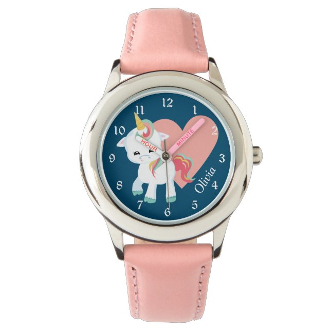 Niedliches Weißes Einhorn Rosa Herz Armbanduhr (Vorderseite)