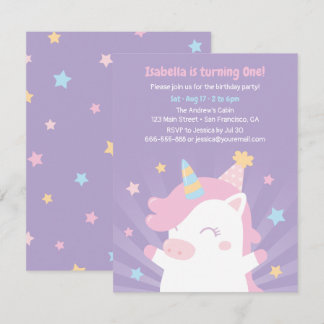 Niedliches Weißes Einhorn und Sterne Girls Geburts Einladung