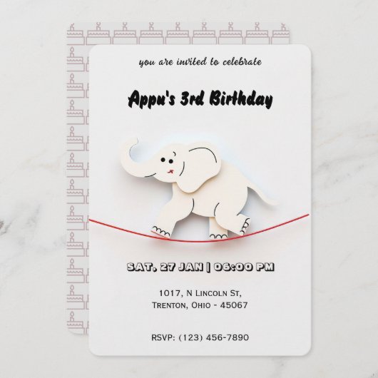 Niedliches Weißes Elefantenbalancieren auf dem Sei Einladung (Vorne/Hinten)