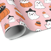 Niedliches weißes Geistermuster Pink Halloween Geschenkpapier (Rolleneckpunkt)