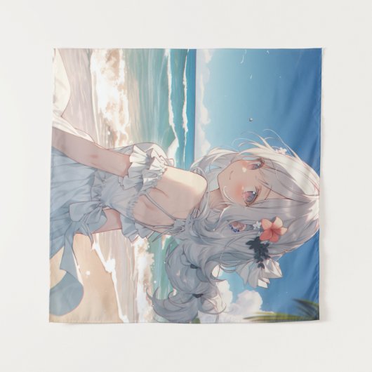 Niedliches, weißes Haarbildchen am Strand Wandteppich (Vorderseite (Horizontal))