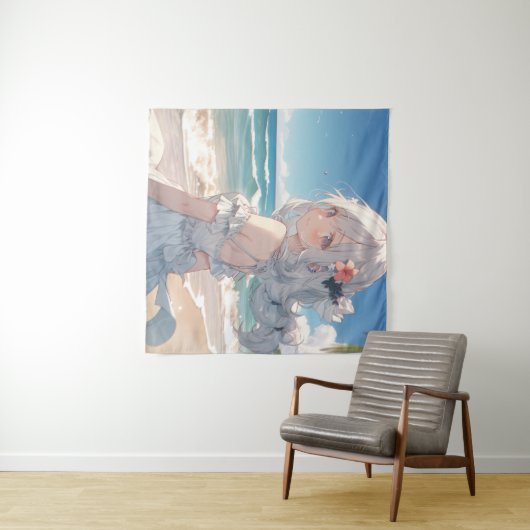 Niedliches, weißes Haarbildchen am Strand Wandteppich (Beispiel (Horizontal))