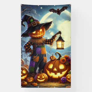 Niedliches, weißes Halloweenschaukeln und Kürbisse Banner