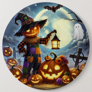 Niedliches, weißes Halloweenschaukeln und Kürbisse Button