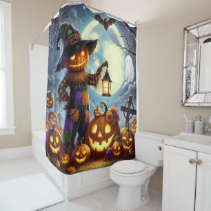 Niedliches, weißes Halloweenschaukeln und Kürbisse Duschvorhang