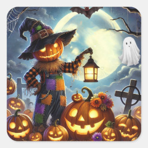 Niedliches, weißes Halloweenschaukeln und Kürbisse Quadratischer Aufkleber