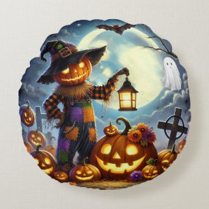 Niedliches, weißes Halloweenschaukeln und Kürbisse Rundes Kissen
