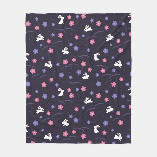 Niedliches Weißes Kaninchen und Blume Muster Fleecedecke (Vorderseite)