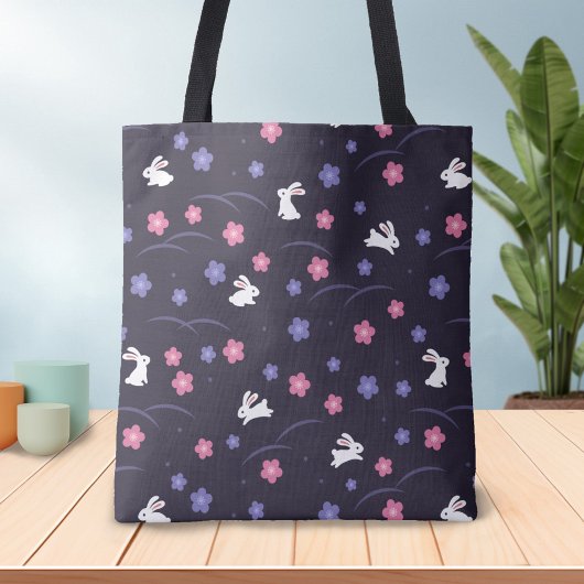 Niedliches Weißes Kaninchen und Blume Muster Tasche