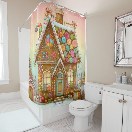 Niedliches, weißes Lebkuchenhaus Duschvorhang (Beispiel)