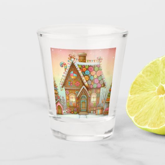 Niedliches, weißes Lebkuchenhaus Schnapsglas (Vorderseite)