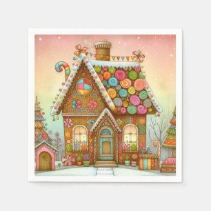 Niedliches, weißes Lebkuchenhaus Serviette