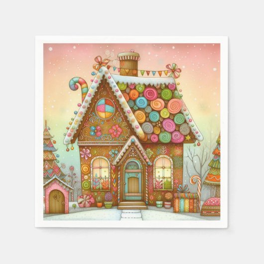 Niedliches, weißes Lebkuchenhaus Serviette (Vorderseite)
