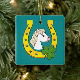 Niedliches Weißes Pferd mit Goldener Pferdeschuh, Keramikornament
