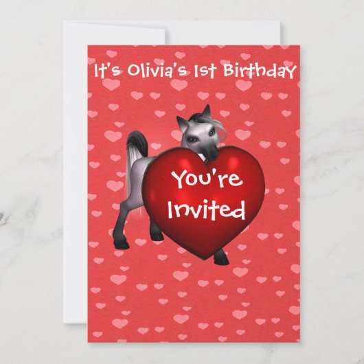 Niedliches weißes Pony mit Einladung zum Roten Her (Vorderseite)