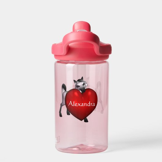 Niedliches weißes Pony mit Kindern im roten Herzen Trinkflasche (Rückseite)